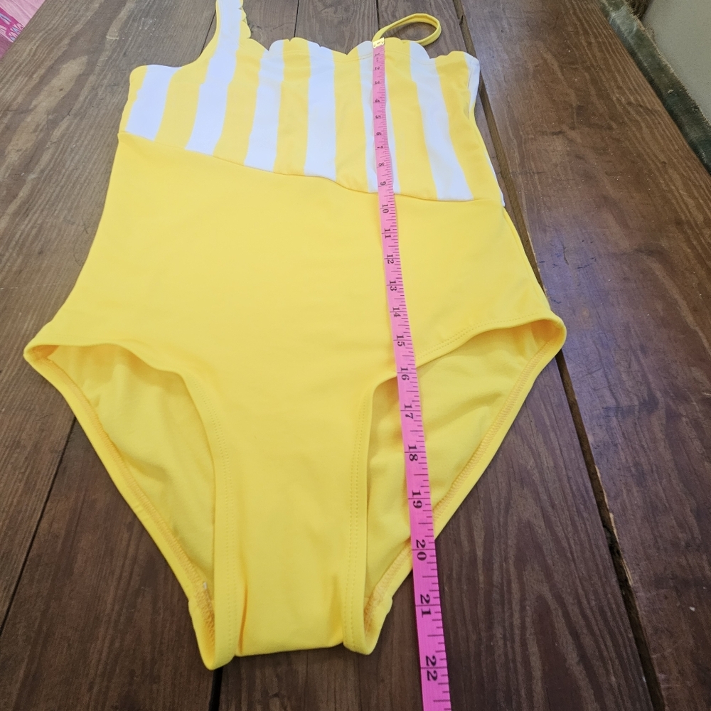Justice Swimsuit Girls Sz 20 Yellow & White Striped One-Shoulder Scallop NWOT - Picture 4 of 10